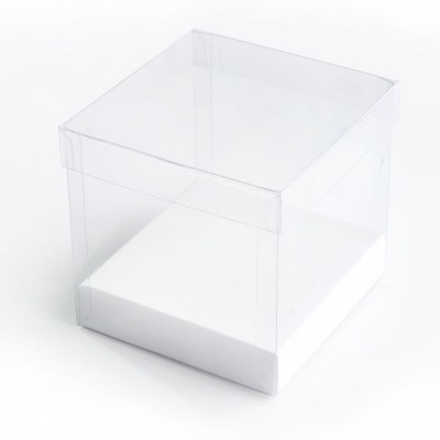 Caja en acetato transparente con fondo de cartón para souvenirs y recordatorios