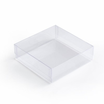 Caja en acetato transparente cuadrada tipo bandeja para souvenirs y recordatorios