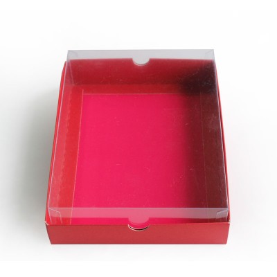 Caja de Cartón rojo rectangular con tapa en acetato transparente para souvenirs y recordatorios