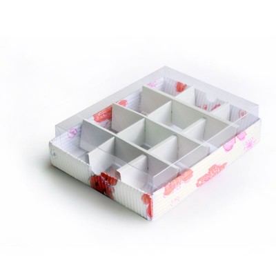 Caja en Carton con 12 divisiones, tapa en Acetato Transparente Cubica para Dulces y Chocolates